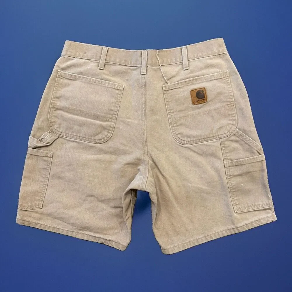 Vintage CARHARTT B25 DES Carpenter Canvas LEATHER PATCH Shorts Sz 32/34 USA MADE